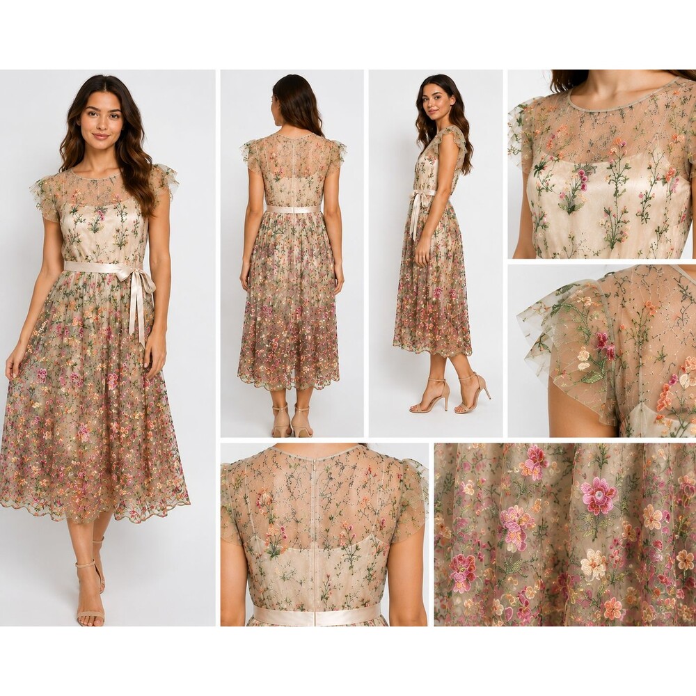 Tahari Beige Floral Embroidered Midi Dress